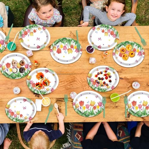 Qyeahkj 50 Pcs Spring Tulip Oval Paper Plates Large 11” Disposable Tulip Flower Party Decorations Floral Supplies Favor for Easter Picnic Spring Summer Birthday Butterflies Party Tableware Set