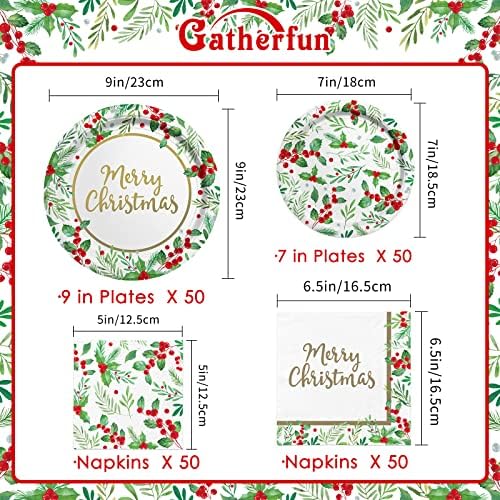 Christmas Party Supplies, Serve 50, Christmas Seasonal Holly Tableware Includes: Paper Dinner Plates, Dessert Plates, Luncheon Napkins and Beverage napkins, Great for Party Decorations