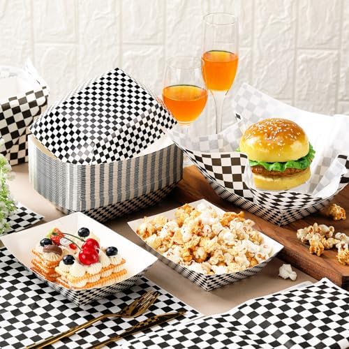 Geosar 200 PcsGingham Paper Food Tray with Wax Paper,Black White