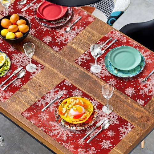 Red Snowflake Xmas Placemats Set of 4 Merry Christmas Snowflakes Linen Fabric Table Mats Seasonal Winter Holiday Washable Place Mats for Party Kitchen Dining Outdoor Indoor Decor