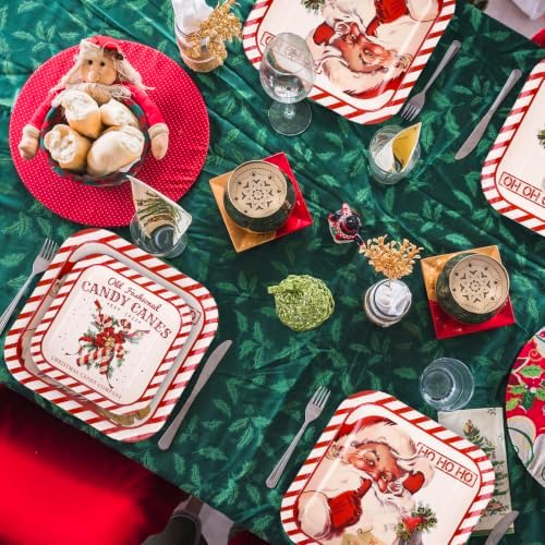 Whaline 40Pcs Christmas Vintage Tableware Set Santa Candy Cane Stripe Paper Plates 7 & 9 Inch Retro Xmas Square Disposable Plates for Holiday Party Table Supplies