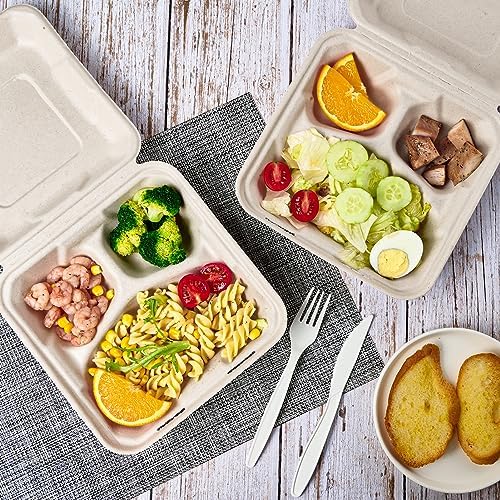 ECOLipak 50 Pack Compostable Take Out Food Containers, 8 inch,3 Compartment