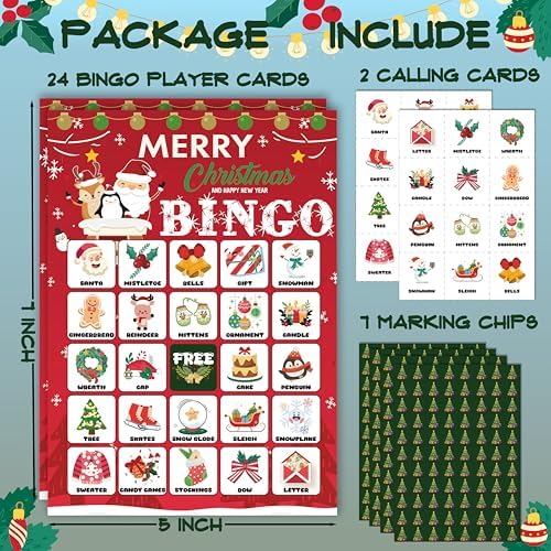 24-Person Christmas Bingo Cards, Watercolor Reindeer Xmas Party Card Game, Red Santa Claus Bingo Game for Family Large Group Activities, Winter Holiday Party Supplies