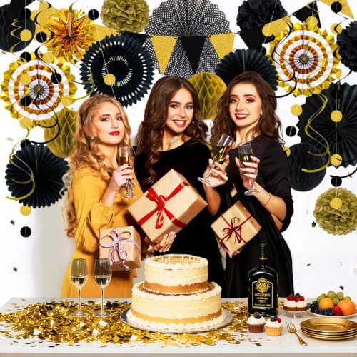 24 Pcs Black and Gold Party Decorations, Paper Fans Pom Poms Garland Decor