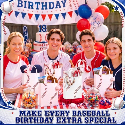 Pajean 24 Pcs Baseball Clear Plastic Gift Bags with Handles, 5.9 x 8.7 x 3.1 Inch Gameday PE Treat Bags, Red Stitching Candy Goodie Pouches for Team Parties, Sports Banquets, Birthday Event Supplies