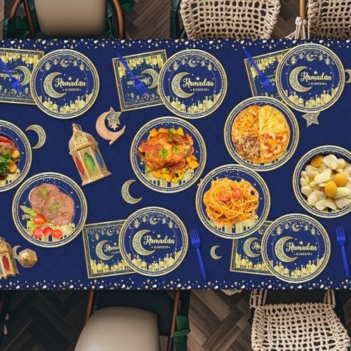 96 Pcs Ramadan Plates and Napkins Forks Sets - Blue Gold Eid Mubarak Themed Round Tableware, Disposable KAREEM Paper Plates Napkins Kit for Ramadan Party Supplies Favors Table Decorations, Serves 24
