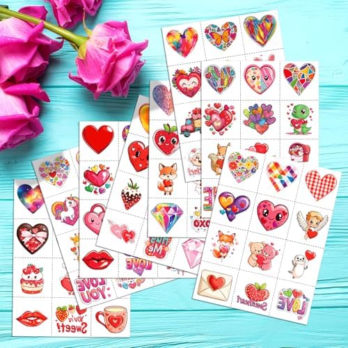 JCFIRE Valentines Day Stickers for Kids Temporary Tattoos, Heart Stickers for Valentines Day Gifts for Kids Classroom Exchange, Waterproof Decals for Party Favors, Goodie Bags, Crafts