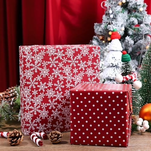 BIOBROWN Christmas Wrapping Paper Snowflake and Polka Dots Design for Xmas