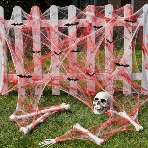 2200 Sqft Bloody Halloween Spider Web Decor with 100 Fake Spiders 24 Bats