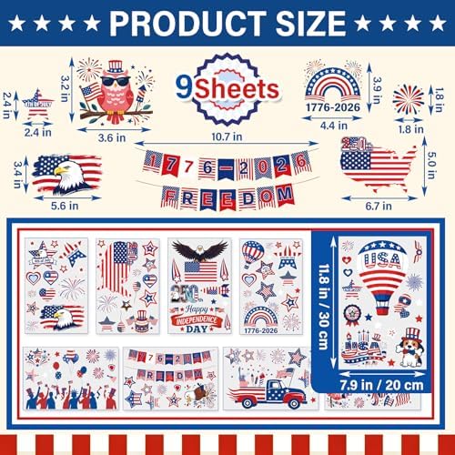9 Sheets 4th of July Window Clings, Patriotic Red White and Blue Window Stickers with USA Flag, Eagle, Reusable Static Decals for 250th Anniversary Independence Day, Memorial Day