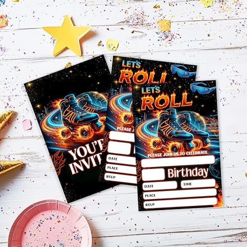 Roller Skating Birthday Invitation, Glow Gender Neutral Double-Sided Fill In Style Invites with Envelopes for Birthday, Glow Roller Skating Party Invitation For Boy,Girl, Bday Party Favor & Decoration