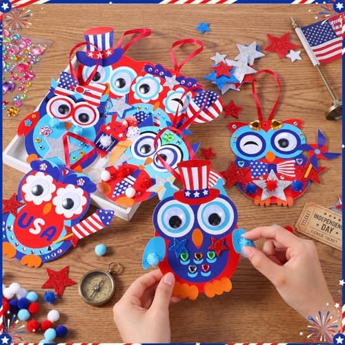 Funrous 48 Sets Crafts Kit Paper Crafts DIY Make Your Own Hanging Ornaments with Pompoms Diamond Stickers for Holiday Classroom Activities Party Favors, Patriotic Owl