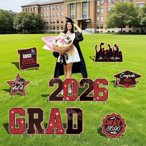 Graduation Yard Signs Class of 2026 Decorations 11pcs Black and Red Congrat