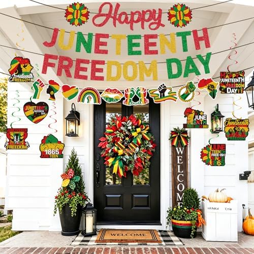 Juneteenth Decorations Happy Juneteenth Banner Freedom Day Hanging Swirls Backdrop for 1865 June 19th African American Black History Independence Day Themed Party Supplies Indoor Outdoor Wall Decor