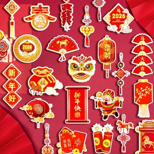 HOWAF 48pcs Chinese New Year Decorations Chinese New Year Hanging Ornament Set, Good Luck Red Lanterns Red Envelope Paper Fans for 2026 Year of The Horse Tree Ornaments, Spring Festival Ornaments