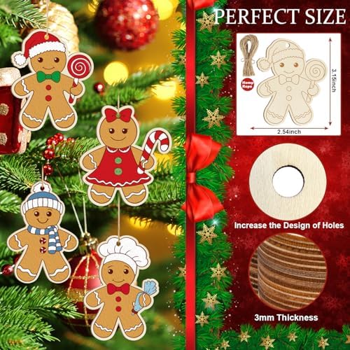 36PCS Wooden Christmas Ornaments to Paint, 12 Styles DIY Blank Unfinished Wood Gingerbread Man Cutouts Ornament for Crafts Winter Hanging Decorations