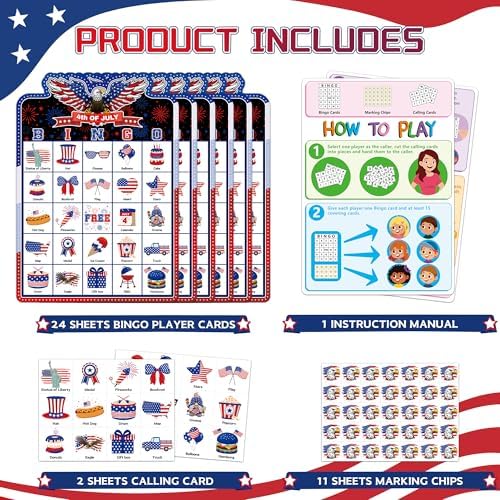 Joy Bang 4th of July Games for Kids Adults, Bingo Card Game for 24 Player Fourth of July Independence Day Patriotic Crafts Activities Games for Family Large Group Party Favors Supplies Gifts for Kids