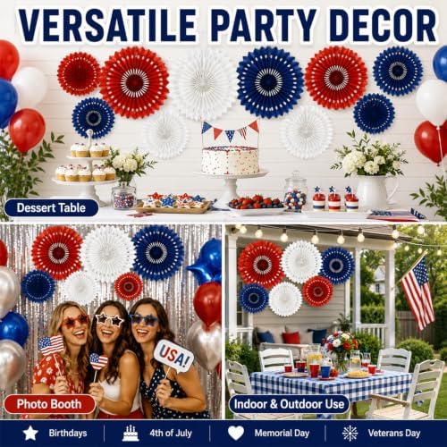 Red White Blue Hanging Honeycomb Round Paper Fans Decoration Patriotic Theme Tissue Paper Fan Garland for Shower Birthday Graduation Wedding Party Supplies 11 Count