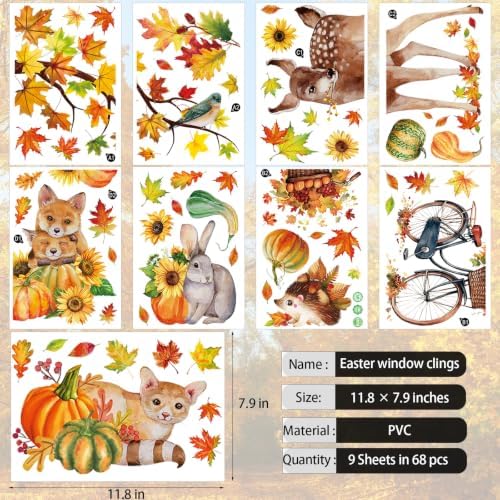 68Pcs Fall Window Clings, Fall Window Stickers for Autumn Thanksgiving Party Decor