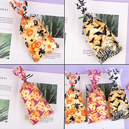 DIYASY 150 Pcs Halloween Cellophane Treat Bags, Clear Candy Bags Plastic Bats Pumpkin Bag Witch Goody Bag with 300 Twist Ties for Kids Party Favor