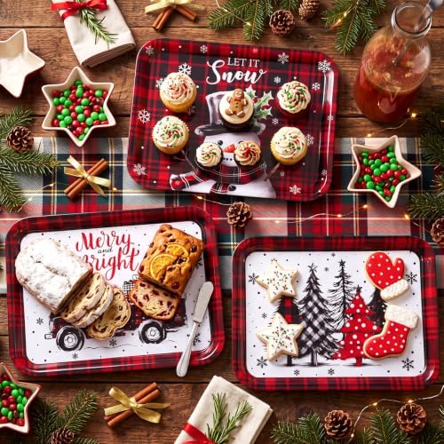 Rtteri 3 Pcs Christmas Serving Trays and Platters 13 x 10 Inch Reusable Red and Black Plastic Christmas Platter Rectangle Buffalo Plaid Xmas Tree Candy Serving Dishes Plates for Holiday Party Decor
