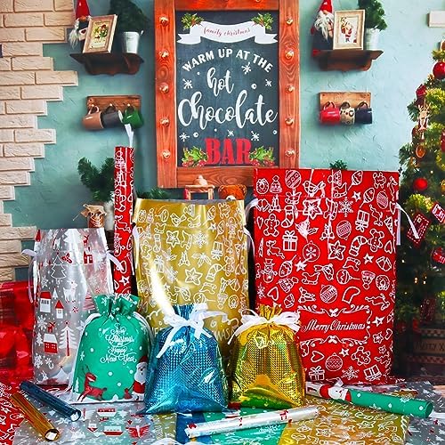 HRX Package 30pcs Foil Drawstring Christmas Gift Bags Assorted Sizes, Holiday Gift Wrapping Sacks Xmas Pouches for Presents