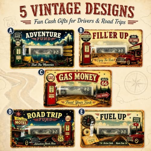 Gas Money Gift Card Holder, Cash Holder Card for Rolled Cash, Funny Road Trip Money Gift, Vintage Adventure Cash Gift for Drivers, Teens, New Driver, Graduation, Birthday, Travel Gift