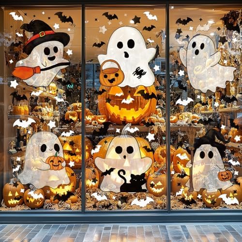 XZENTIRA 161 PCS Halloween Window Clings Double Sided Ghost Window Stickers Reusable Seasonal Window Decorations Ghost Decor Decals for Glass Windows Home Office Party 6 Sheets