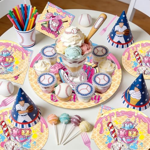 EUOYUFO 96Pcs Ice Cream Party Decorations Tableware Set Ice Cream Baseball Drip Happy Birthday Paper Plates Napkins Forks Baseball Sport Team Theme Bday Party Supplies Serve 24 Guests