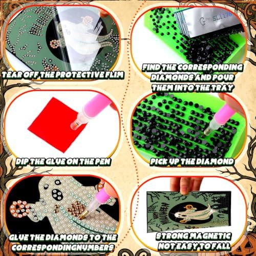 Saillong 12 Pack Halloween Diamond Painting Greeting Card Kits DIY Halloween Diamond Art Cards with Envelopes Green Black Cat Skull 5D Rhinestones Painting Kit for Adults DIY Craft Family Friend Gifts