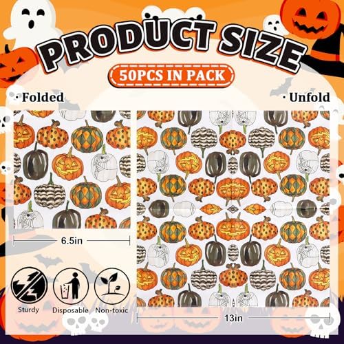 Whaline Halloween Fall Paper Napkins Pumpkin Luncheon Napkin Orange Black Disposable Dessert Dinner Hand Napkin for Home Kitchen Restaurant Party Supplies, 50 Pcs
