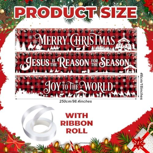 Remagr 3 Pcs Christmas Nativity Banner 98 x 18 Inch Party Decorations Outdoor Yard Sign Backdrop, Red Buffalo Plaid Jesus Birth Wall Decor for Christian Xmas Celebration Lawn Garden(Jesus)