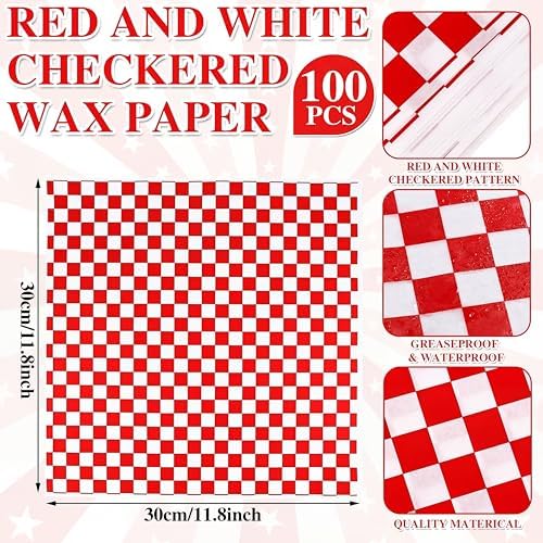 Geosar 200 Pcs Gingham Paper Food Tray with Wax Paper,Red White