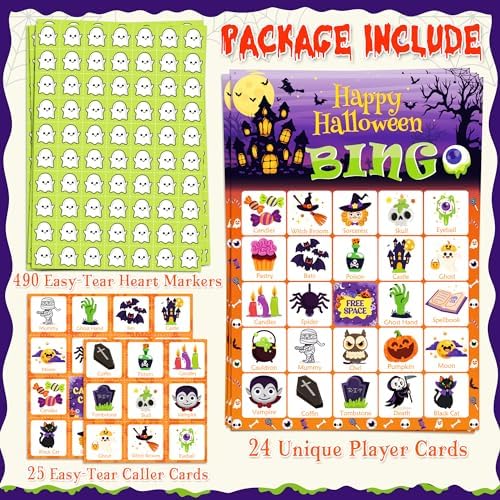 OHOME Halloween Games - Halloween Bingo for Kids | Halloween Party Favors - 24 Players Halloween Toys Gifts Party Supplies | Halloween Crafts Accessories Treats Activities for Family