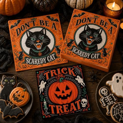50Pcs Vintage Halloween Paper Napkins - 4 Designs 2-Ply, 6.5 × 6.5 inchs