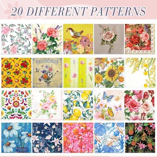 Crtiin 20 Pack Decoupage Napkins Floral Cocktail Decorative Paper Napkins