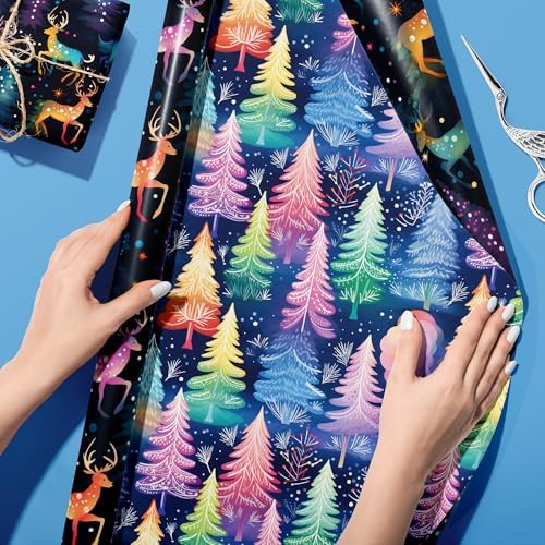 Vnaaem Chrismas Wrapping Paper Roll for Boys Kids Girls - Cute Rainbow Xmas Gift Wrap with Reindeer Trees Design for Holiday Winter Birthday DIY Craft Party(Total 28.5sq.ft)