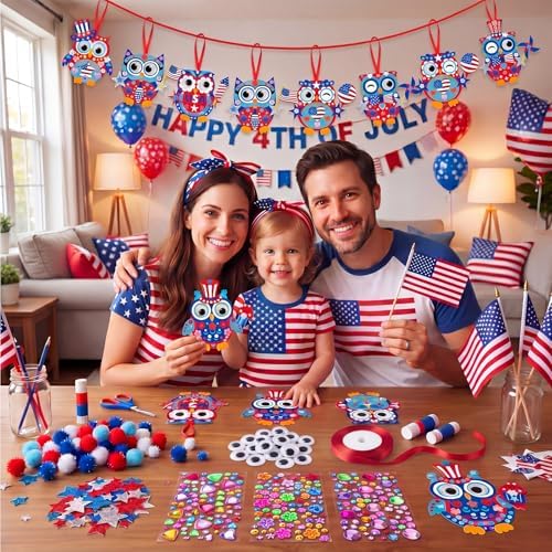 Funrous 48 Sets Crafts Kit Paper Crafts DIY Make Your Own Hanging Ornaments with Pompoms Diamond Stickers for Holiday Classroom Activities Party Favors, Patriotic Owl