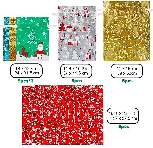 HRX Package 30pcs Foil Drawstring Christmas Gift Bags Assorted Sizes, Holiday Gift Wrapping Sacks Xmas Pouches for Presents