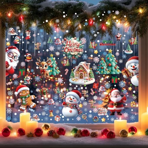 Famoby 10 Sheets 300Pcs Christmas Window Clings Decals Static Window Stickers for Christmas Snowflake Winter Holiday Home Indoor Decorations Windows Décor Christmas Decal Stickers Glass Door Decor