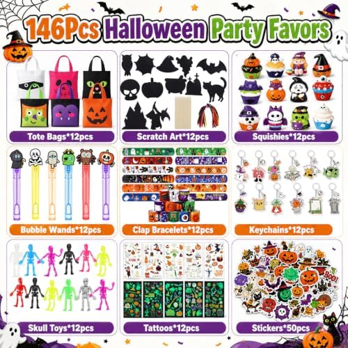 SNLN 146 Pcs Halloween Party Favors for 12 Kids, Goodie Bag Stuffers