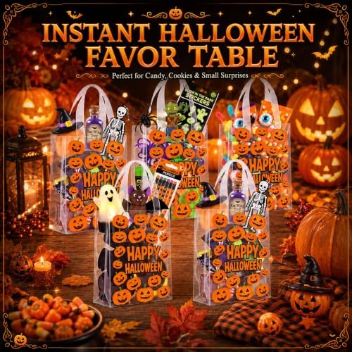 Pajean 25 Pcs Halloween Plastic Gift Bags with Handles, Cute Pumpkin Bags