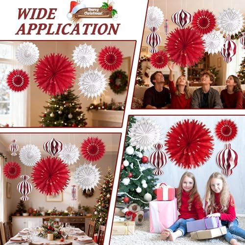 Red and White Christmas Decorations Set, 11Pcs 3D Candy Paper Honeycomb Ornaments Paper Snowflake Fans, Decorative Hanging Lantern Ornaments for Xmas Tree Winter New Year Holiday Party Home Decor