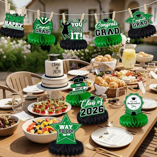 Graduation Decorations Class of 2026, Centerpieces for Tables, Congrats Grad Honeycomb Table Toppers, Graduation Party Supplies, Green