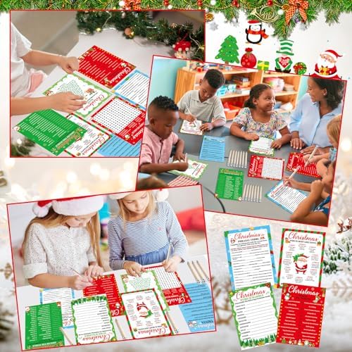 gisgfim 231Pcs Christmas Party Games Cards Xmas Tree Santa Claus Trivia Word Search Scramble Maze Games Winter Christmas Party Supplies for School Classroom Family Activity Holiday Favor