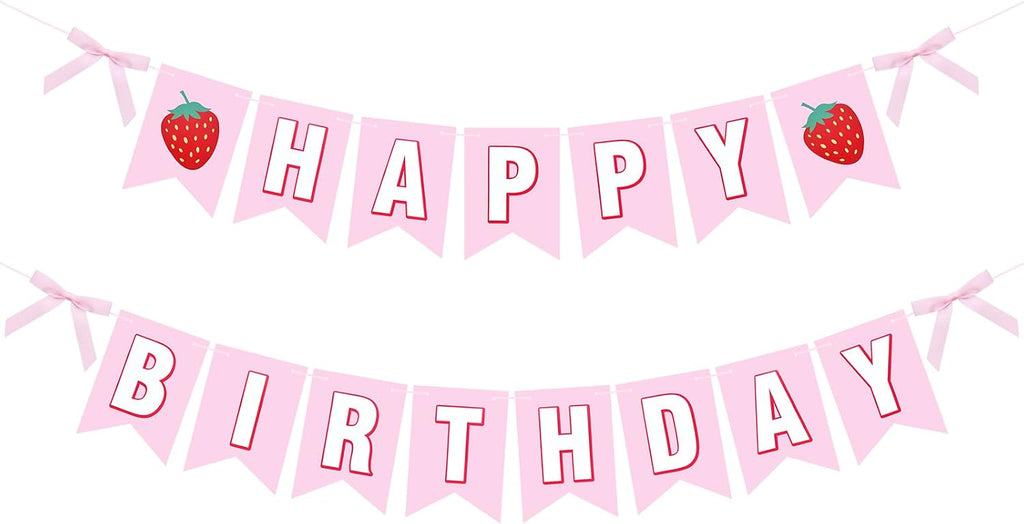 Strawberry Happy Birthday Banner Decorations, Pre-Strung Letter Garland with Berry Accents for Girls Birthday Party, Baby Shower, Indoor Outdoor Wall Decor and Photo Backdrop, Pink