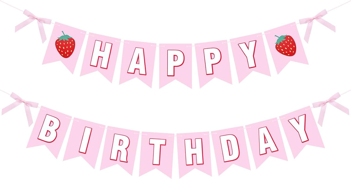 Strawberry Happy Birthday Banner Decorations, Pre-Strung Letter Garland with Berry Accents for Girls Birthday Party, Baby Shower, Indoor Outdoor Wall Decor and Photo Backdrop, Pink