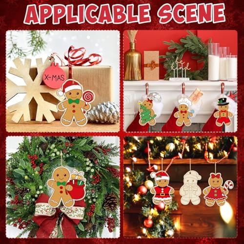 36PCS Wooden Christmas Ornaments to Paint, 12 Styles DIY Blank Unfinished Wood Gingerbread Man Cutouts Ornament for Crafts Winter Hanging Decorations