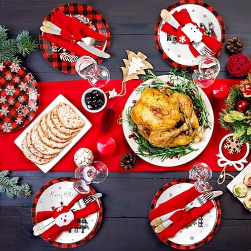 Fourluoo 96 Pcs Red Buffalo Plaid Christmas Paper Plates Disposable Dinner Plates for Xmas Birthday Party Table Decor