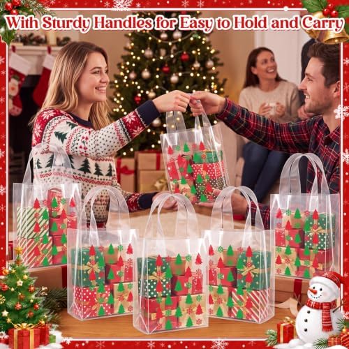 Pajean 25 Pcs Christmas Plastic Gift Bags with Handles, Xmas Tree Pouches